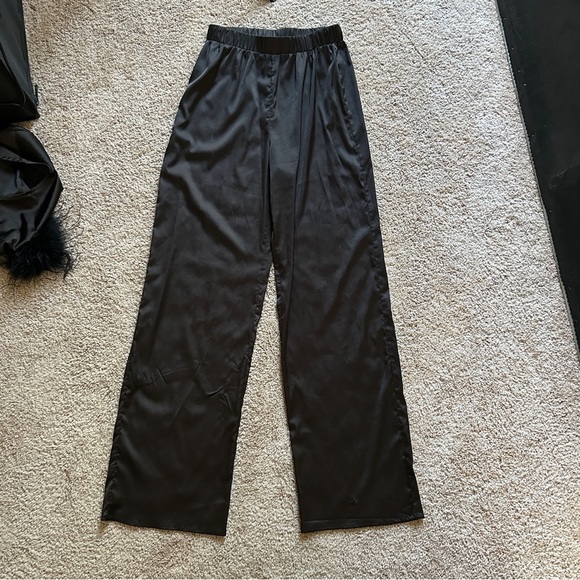 Vici Black Satin 2 Piece Set with Feather Cuff Tie-Front Top Wide Leg Pants S - Picture 4 of 13